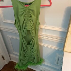 Nasty Gal Green Ruched Dress with Feather Trim